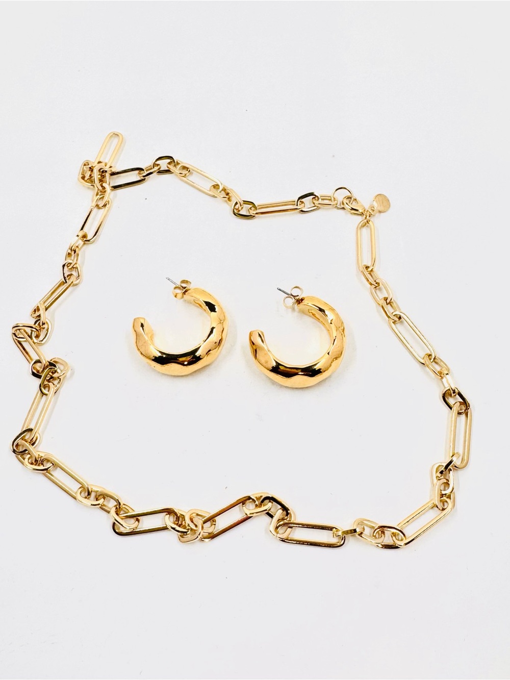MAYAMAR 24k Gold Dipped 24” Chunky Paperclip Chain & Hammered Hoop Earrings NWOT